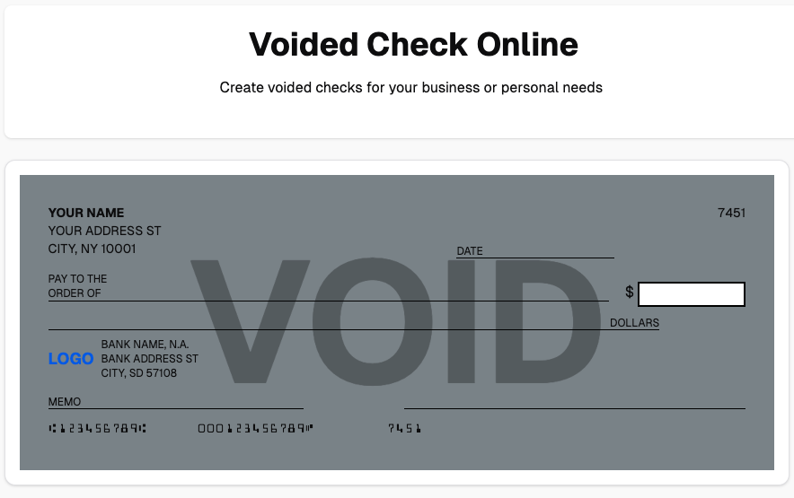 Example voided check showing routing number, account number, and check number - created with My Check Pros